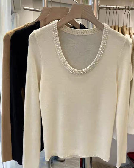 Caroline Pearl Soft Knit Pullover - front product shot on hanger rail, off-white - Miss Mosa By Akanksha