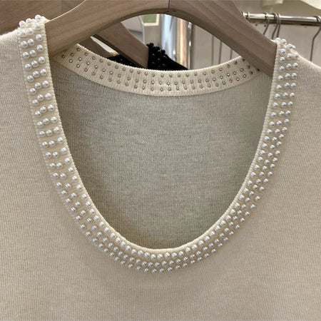 Caroline Pearl Soft Knit Pullover - close-up of neckline detail, off-white - Miss Mosa By Akanksha