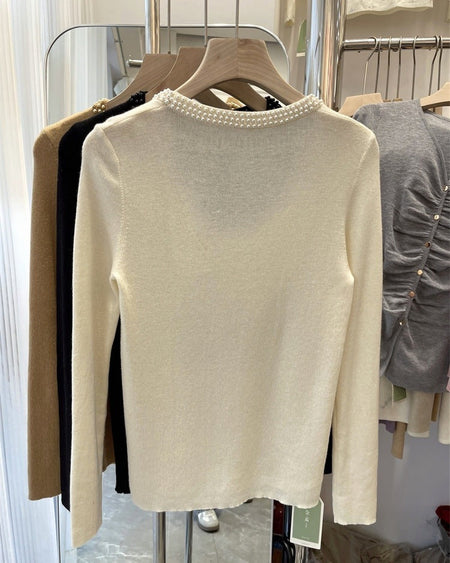 Caroline Pearl Soft Knit Pullover - back product shot on hanger rail, off-white - Miss Mosa By Akanksha