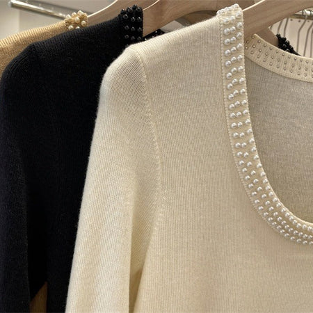 Caroline Pearl Soft Knit Pullover - close-up of neckline detail, off-white - Miss Mosa By Akanksha