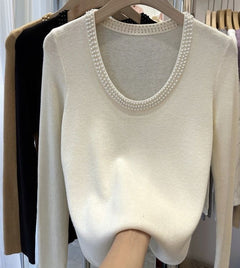 Caroline Pearl Soft Knit Pullover - front product shot on hanger, off-white - Miss Mosa By Akanksha