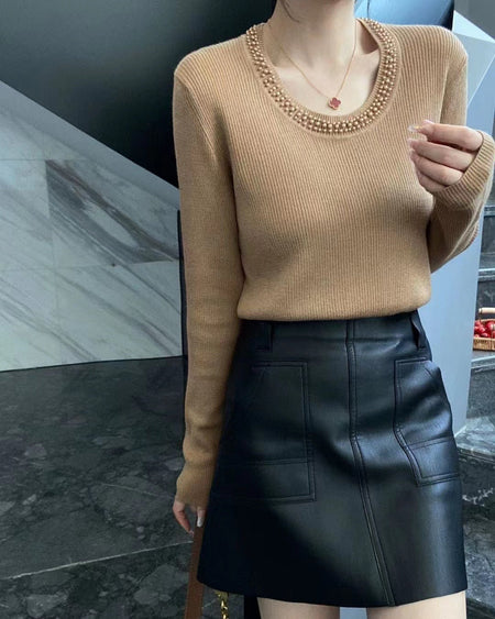 Caroline Pearl Soft Knit Pullover - front shot on model, camel - Miss Mosa By Akanksha