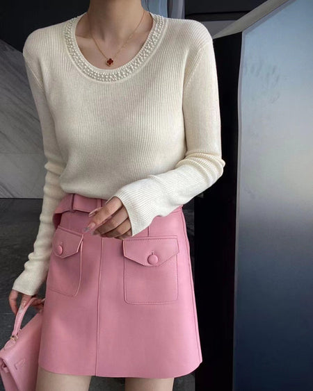 Caroline Pearl Soft Knit Pullover - front shot on model, off-white - Miss Mosa By Akanksha
