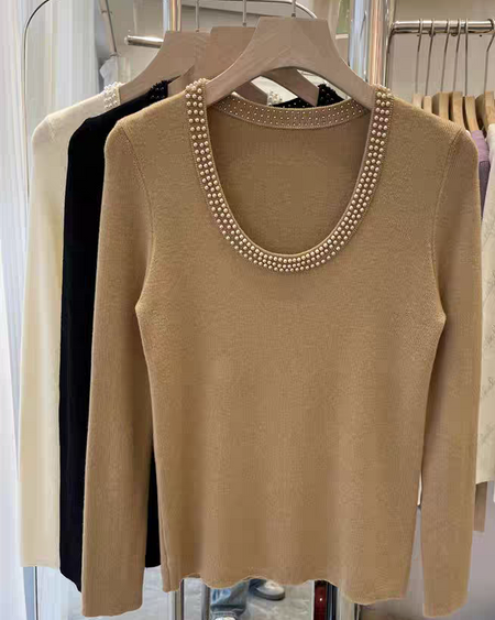 Caroline Pearl Soft Knit Pullover - front product shot on hanger rail, camel - Miss Mosa By Akanksha