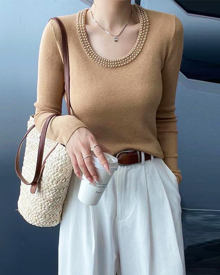 Caroline Pearl Soft Knit Pullover - front shot on model, camel - Miss Mosa By Akanksha