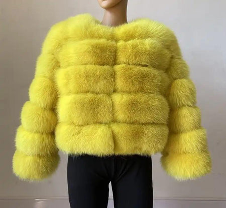 Carrie Bradshaw Luxury - Faux Fur Jackets - front shot on mannequin, yellow - Miss Mosa By Akanksha