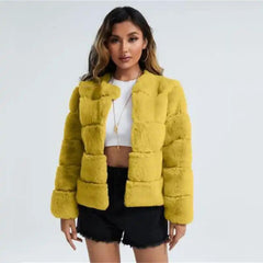 Carrie Bradshaw Luxury - Faux Fur Jackets - front shot on model, mustard yellow - Miss Mosa By Akanksha