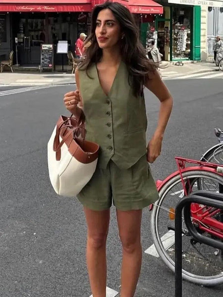 Carter Linen Coord Set in Olive - lifestyle shot on model, olive - Miss Mosa By Akanksha