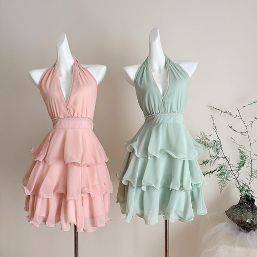 Carys Halterneck Pearl Ruffle Mini Dress