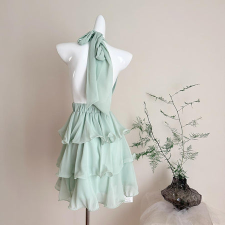 Carys Halterneck Pearl Ruffle Mini Dress
