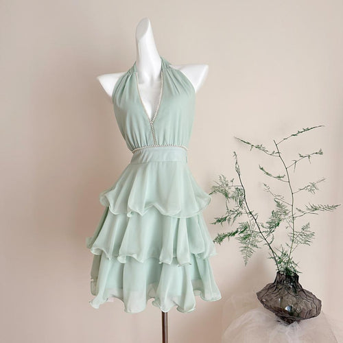 Carys Halterneck Pearl Ruffle Mini Dress