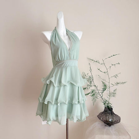 Carys Halterneck Pearl Ruffle Mini Dress
