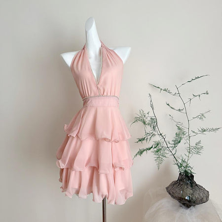 Carys Halterneck Pearl Ruffle Mini Dress - full-length front shot, pink - Miss Mosa By Akanksha