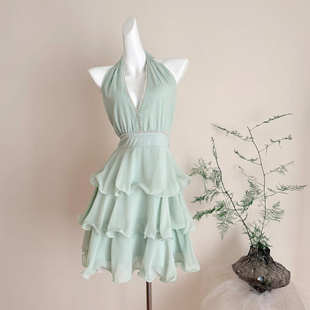 Carys Halterneck Pearl Ruffle Mini Dress - full-length front shot, mint green - Miss Mosa By Akanksha