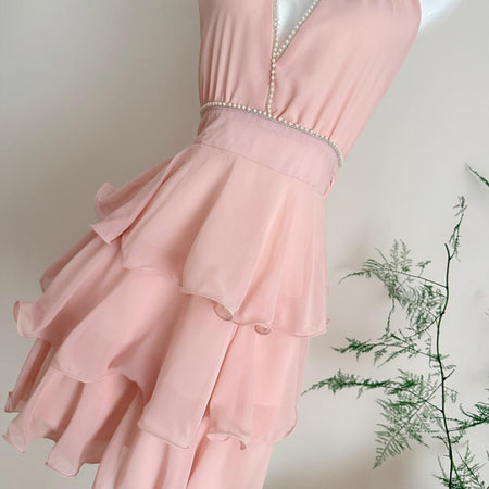 Carys Halterneck Pearl Ruffle Mini Dress - close-up detail shot, pink - Miss Mosa By Akanksha