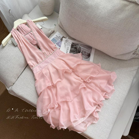 Carys Halterneck Pearl Ruffle Mini Dress - flat-lay shot, pink - Miss Mosa By Akanksha
