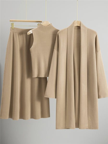 Casia Luxe Coord Skirt Set With Cape In Brown - flat-lay three-piece set shot on hangers - Miss Mosa By Akanksha