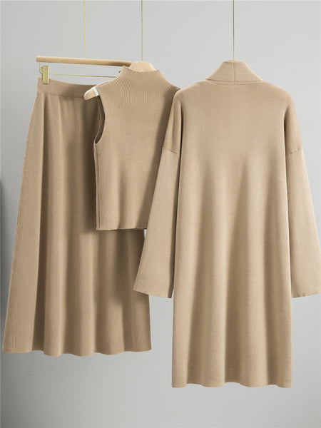 Casia Luxe Coord Skirt Set With Cape In Brown - back flat-lay three-piece set shot on hangers - Miss Mosa By Akanksha