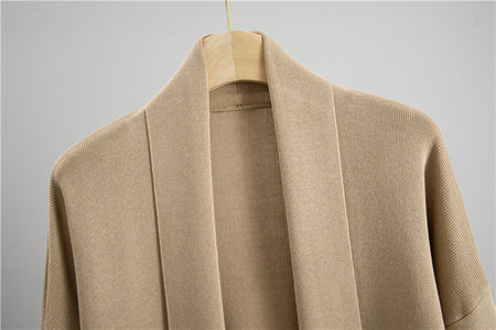 Casia Luxe Coord Skirt Set With Cape In Brown - close-up of cardigan shawl collar - Miss Mosa By Akanksha