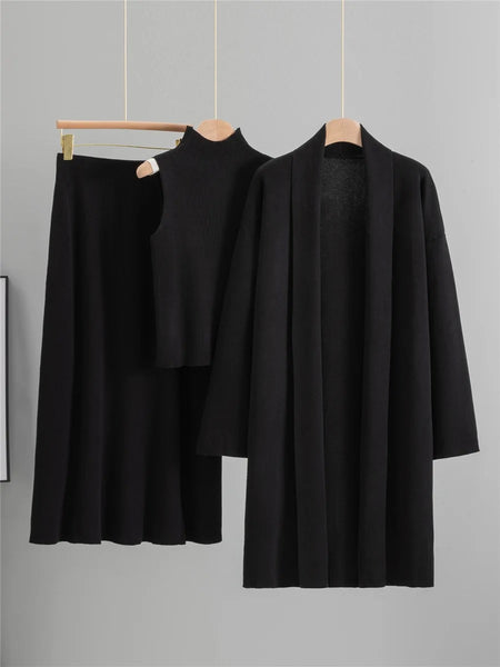 Casia Luxe Coord Skirt Set With Cape In Brown - flat-lay three-piece set shot on hangers - Miss Mosa By Akanksha