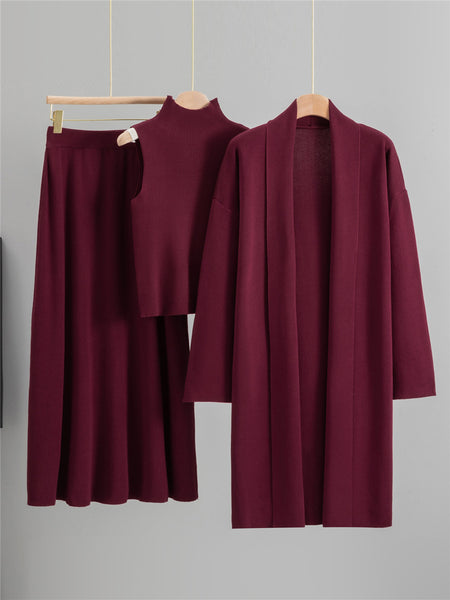 Casia Luxe Coord Skirt Set With Cape In Maroon - flat-lay three-piece set shot on hangers - Miss Mosa By Akanksha