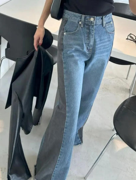 Casia Two Tone Denim Jeans In Blue - front shot on model of the two-tone jeans - Miss Mosa By Akanksha