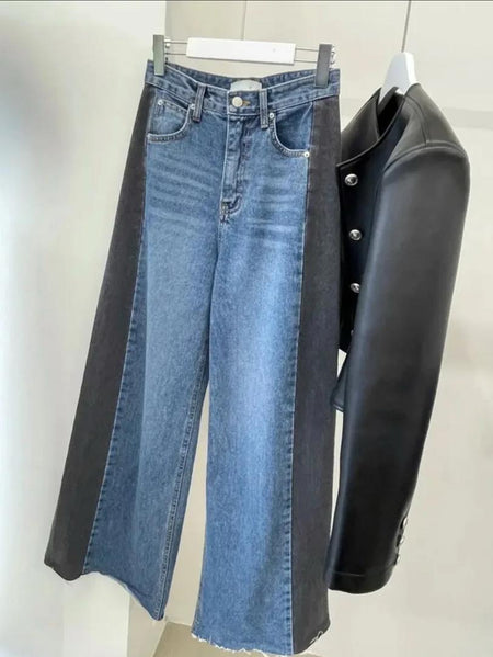 Casia Two Tone Denim Jeans In Blue - flat-lay product shot of the two-tone jeans on hanger - Miss Mosa By Akanksha