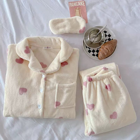 Casper Fleece 3 pc Nightsuit - styled flat-lay shot, cream - Miss Mosa By Akanksha
