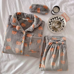 Casper Fleece 3 pc Nightsuit - styled flat-lay shot, grey - Miss Mosa By Akanksha