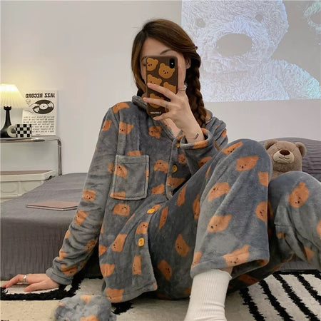 Casper Fleece 3 pc Nightsuit - lifestyle shot on model, grey - Miss Mosa By Akanksha
