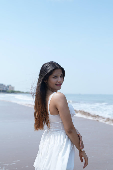 Cassey Luxe Summer Dress in White - back shot on model, white - Miss Mosa By Akanksha