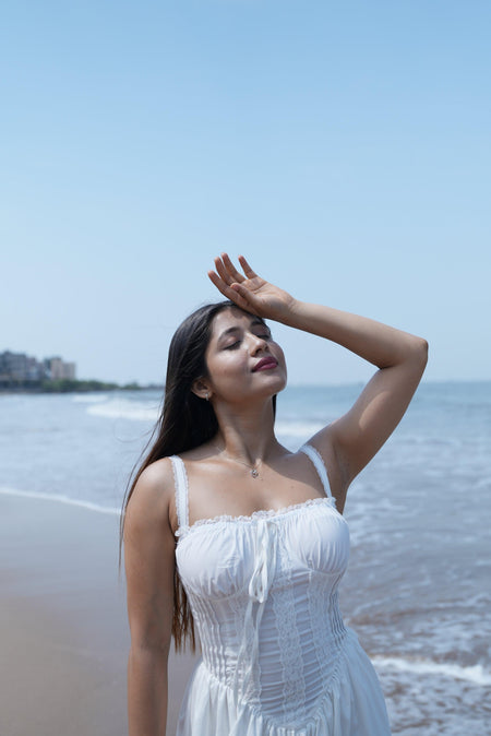 Cassey Luxe Summer Dress in White - lifestyle shot on model, white - Miss Mosa By Akanksha