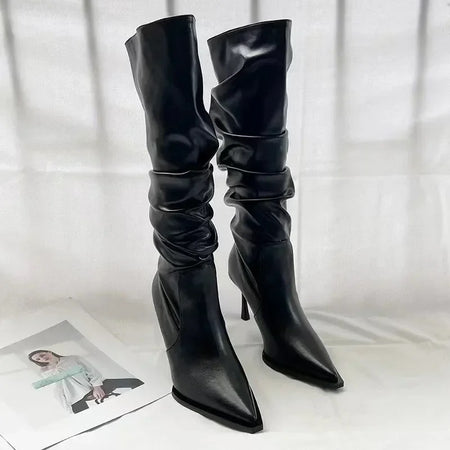 Cassia Stacked Premium Leather Boots - front shot of boots, black - Miss Mosa By Akanksha