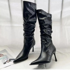 Cassia Stacked Premium Leather Boots - side shot of boots, black - Miss Mosa By Akanksha