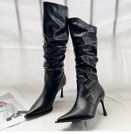 Cassia Stacked Premium Leather Boots - side shot of boots, black - Miss Mosa By Akanksha