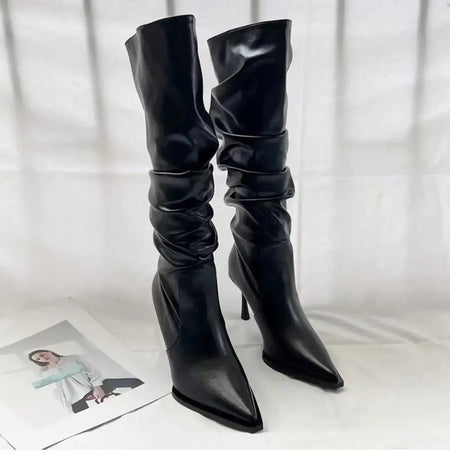 Cassia Stacked Premium Leather Boots - front shot of boots, black - Miss Mosa By Akanksha