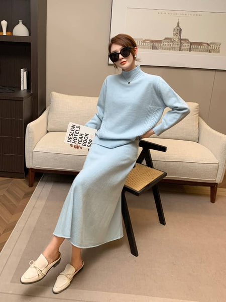 Cassidy Winter Coord Set - Set of Sweater and Skirt - seated full-length shot on model, light blue - Miss Mosa By Akanksha