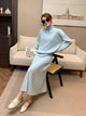 Cassidy Winter Coord Set - Set of Sweater and Skirt - seated full-length shot on model, light blue - Miss Mosa By Akanksha