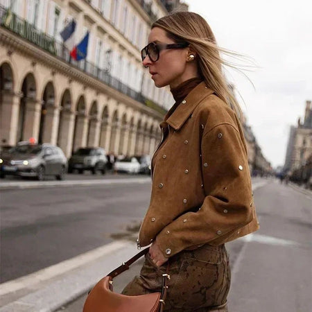 Cassis Premium Beaded Suede Jacket - side shot on model outdoors, tan - Miss Mosa By Akanksha