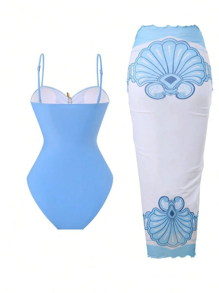 Catania 1 Pc Swimsuit With Sarong - back flat-lay shot, light blue with blue and white printed skirt - Miss Mosa By Akanksha