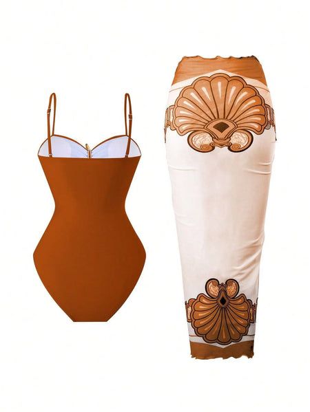Catania 1 Pc Swimsuit With Sarong - back flat-lay shot, rust orange with cream and tan printed skirt - Miss Mosa By Akanksha