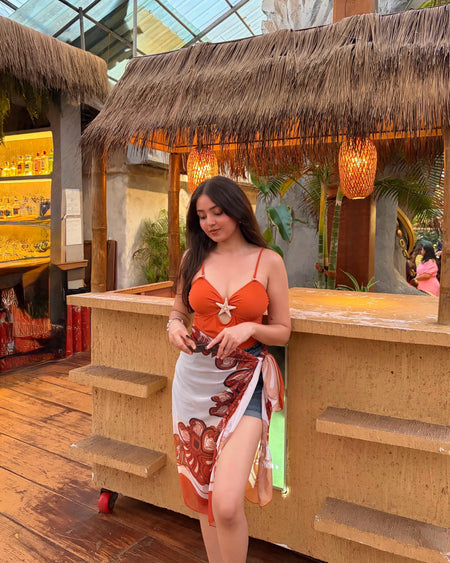 Catania 1 Pc Swimsuit With Sarong - full-length shot, orange with white and rust printed sarong - Miss Mosa By Akanksha