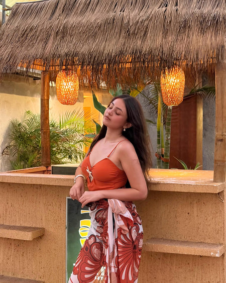 Catania 1 Pc Swimsuit With Sarong - three-quarter shot, orange with white and rust printed sarong - Miss Mosa By Akanksha