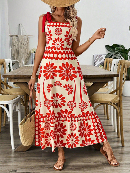 Catherine Floral Holiday Dress In Orange - full-length front shot on model indoors - Miss Mosa By Akanksha