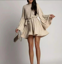Cathy Pleated Summer Dress - front shot on model, beige - Miss Mosa By Akanksha