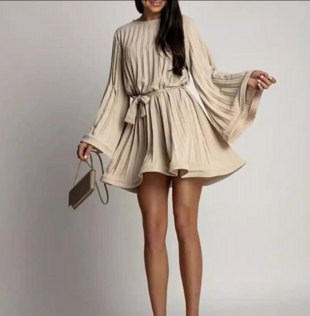 Cathy Pleated Summer Dress - front shot on model, beige - Miss Mosa By Akanksha