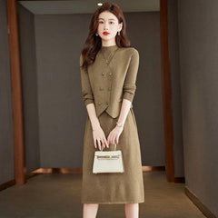 Catia Luxe Dress With Vest - full-length shot, khaki brown - Miss Mosa By Akanksha