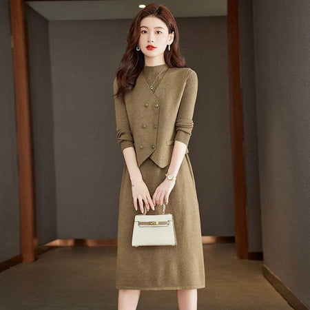 Catia Luxe Dress With Vest - full-length shot, khaki brown - Miss Mosa By Akanksha