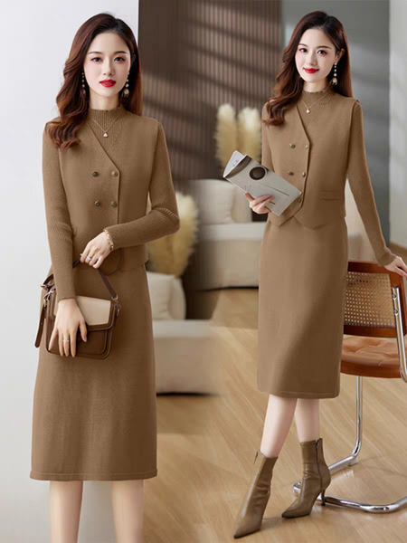 Catia Luxe Dress With Vest - styled shot, khaki brown - Miss Mosa By Akanksha
