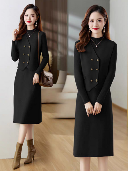 Catia Luxe Dress With Vest - styled shot, black - Miss Mosa By Akanksha